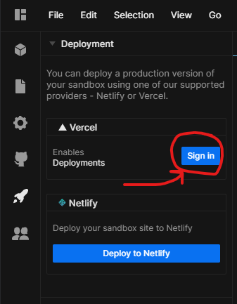 Click the sign in button inside CodeSandbox to sign in with Vercel
